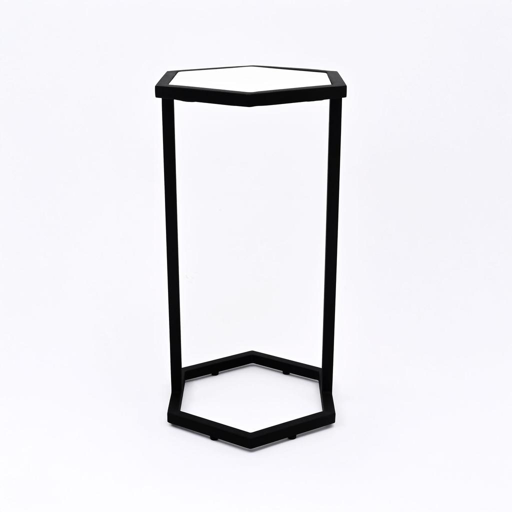 Hexagonal Marble Table Set of 2 – Modern Nesting Accent Tables with Black Metal Base