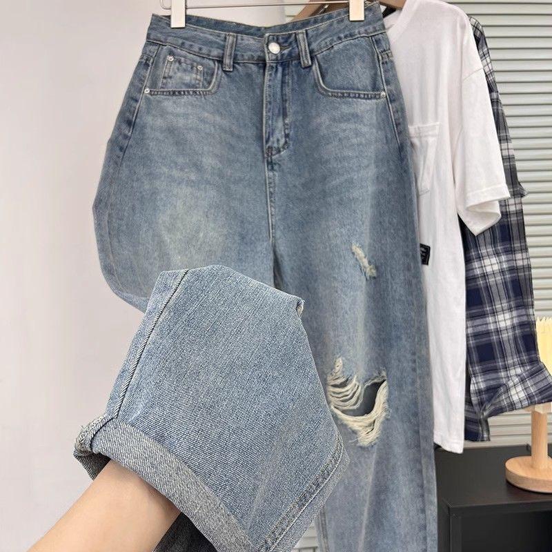 Gaten Jeans Dames Hoge Taille Rechte Kruis Los Slank Ontwerp High-street Sfeer Wijde Pijpen Sleepbroeken