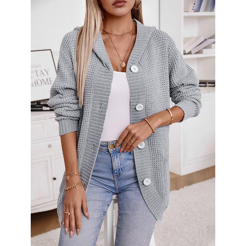 Winter Women's Clothing New Retro Sweater Women's Button Hooded Solid Color Long Sleeved Knitted Cardigan Office Women's Jacket