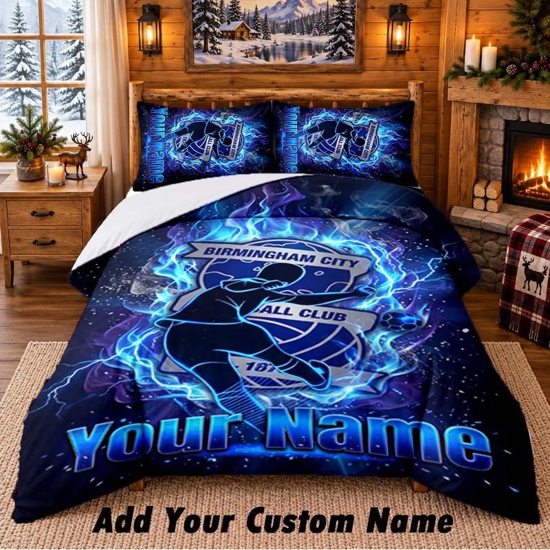 BIRMINGHAM CITY Football Pattern Bedding 3Pcs Set Custom Name, Bed Sheet And Pillowcases For Home Bedroom