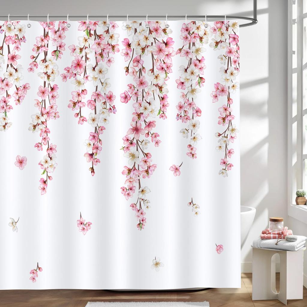 Kirschblüten Vintage Duschvorhang, Aquarellblüten Blühender Japanischer Kirschbaum Rosa Blüte Wasserdichte Badezimmer Vorhänge