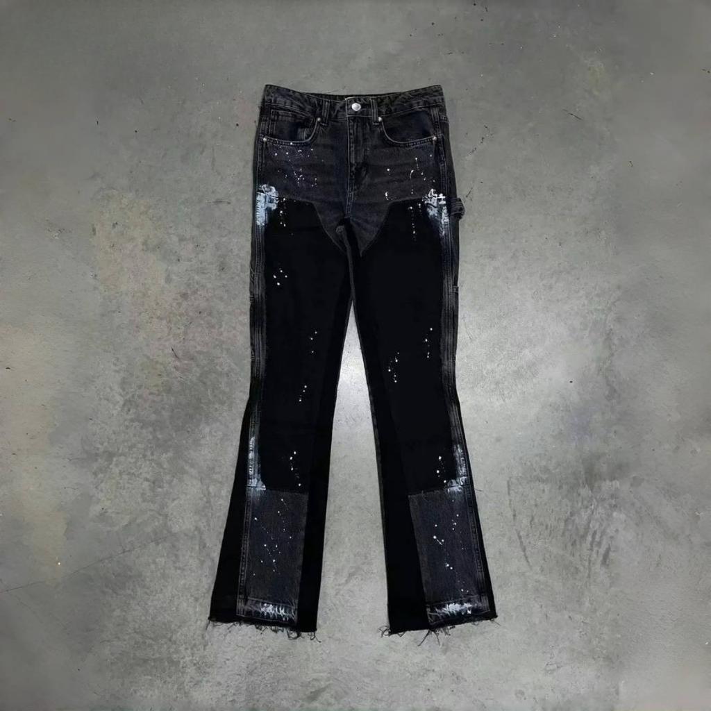 Men's Punk High Street Raw-Edge Skinny Jeans with Micro Trumpet Detail Y2K Low Rise Stretch Floor Length Biker Rock Pants