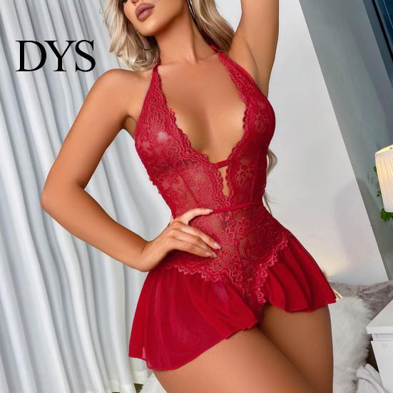 See-through Halter Neck Nightdress Women Sexy Hollow Out Lace Slim Fit Sleeveless Backless Deep Strappy Nightgown V Lace-up Open Crotch Lady Sleepwear