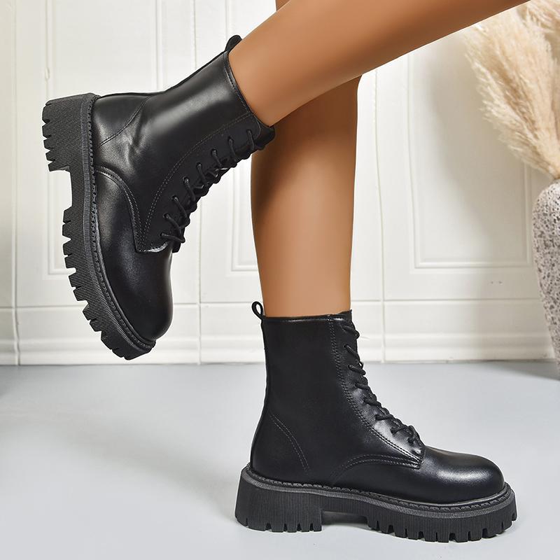 Women's Fashion Black Platform Ankle Boots Round Toe Lace Up Non Slip Combat Boots Woman Autumn Winter PU Leather Botines Mujer