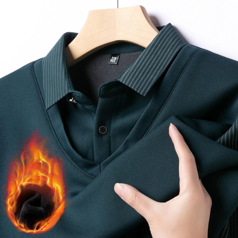 Men's Winter Fleece Fake Two Piece T-shirt Button Striped Polo Shirt Long Sleeve Fashion Casual Thicken Solid Lapel Male Tops