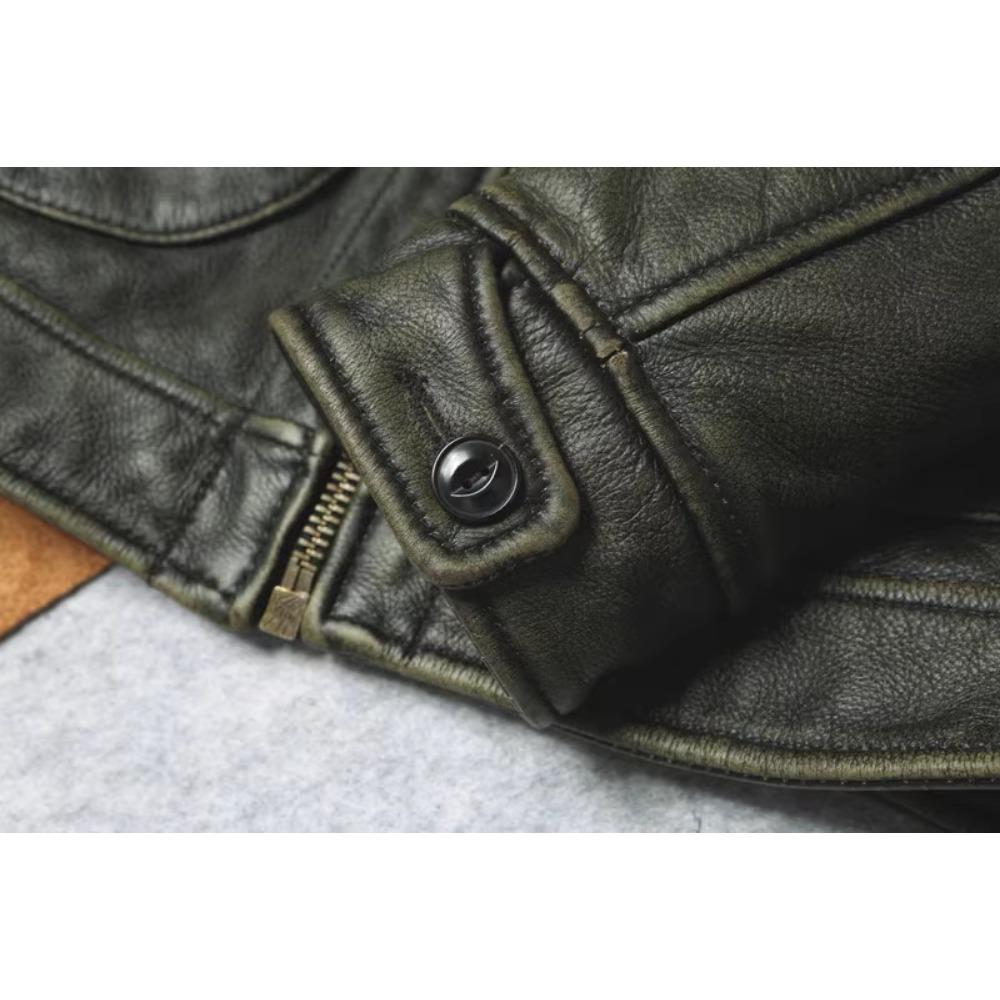 Chinese Size Vintage Olive Green Genuine Cowhide Men Leather Jacket Autumn Turn Down Collar Real Leather Coat