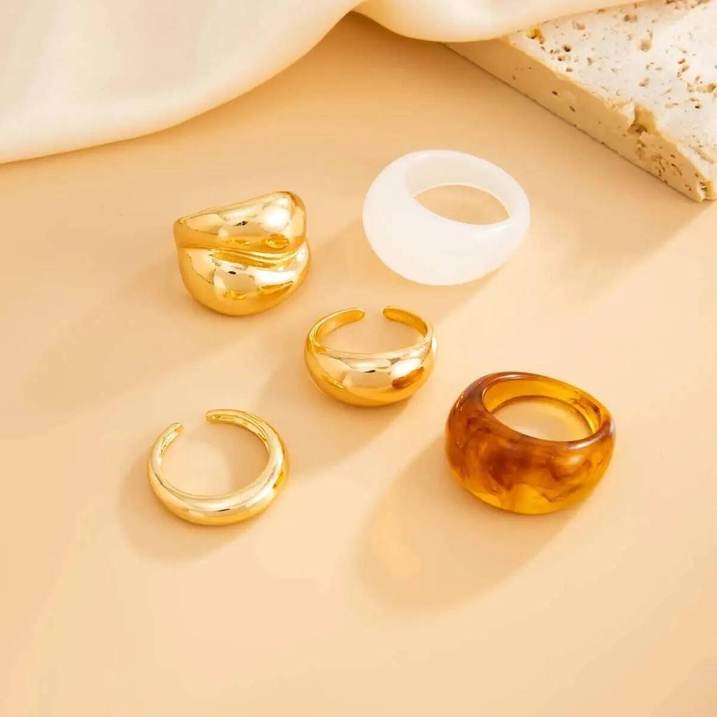 IngeSight.Z 5 Pcs/set Trendy Resin Acrylic Ring Women Punk Geometry Chunky Gold Color Metal Open Finger Ring Jewelry Accessories