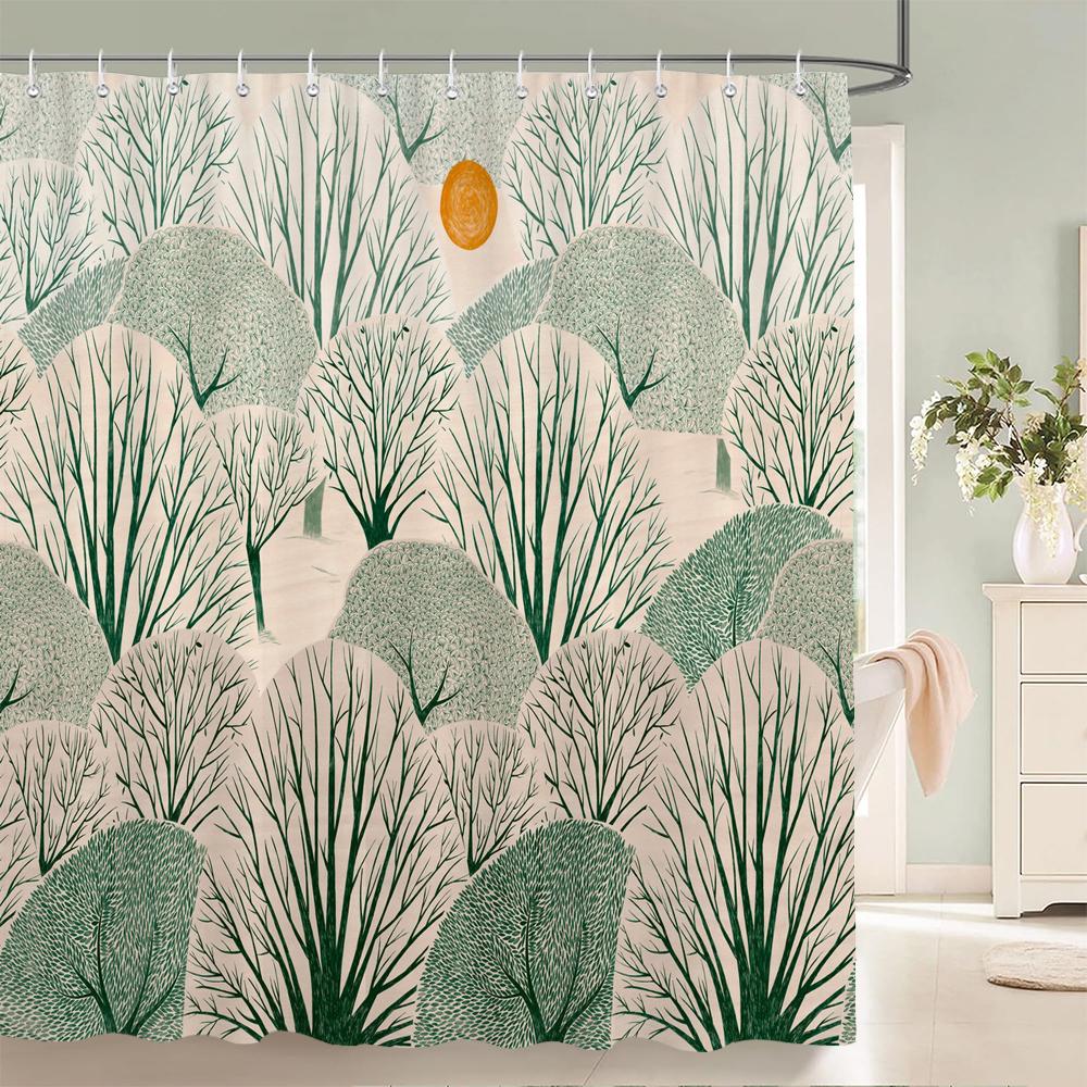 Nordic Forest Tree printing Shower Curtain, Plant leaves pattern Waterproof Fabric Machine Washable for Bathroom Bathtub Decor