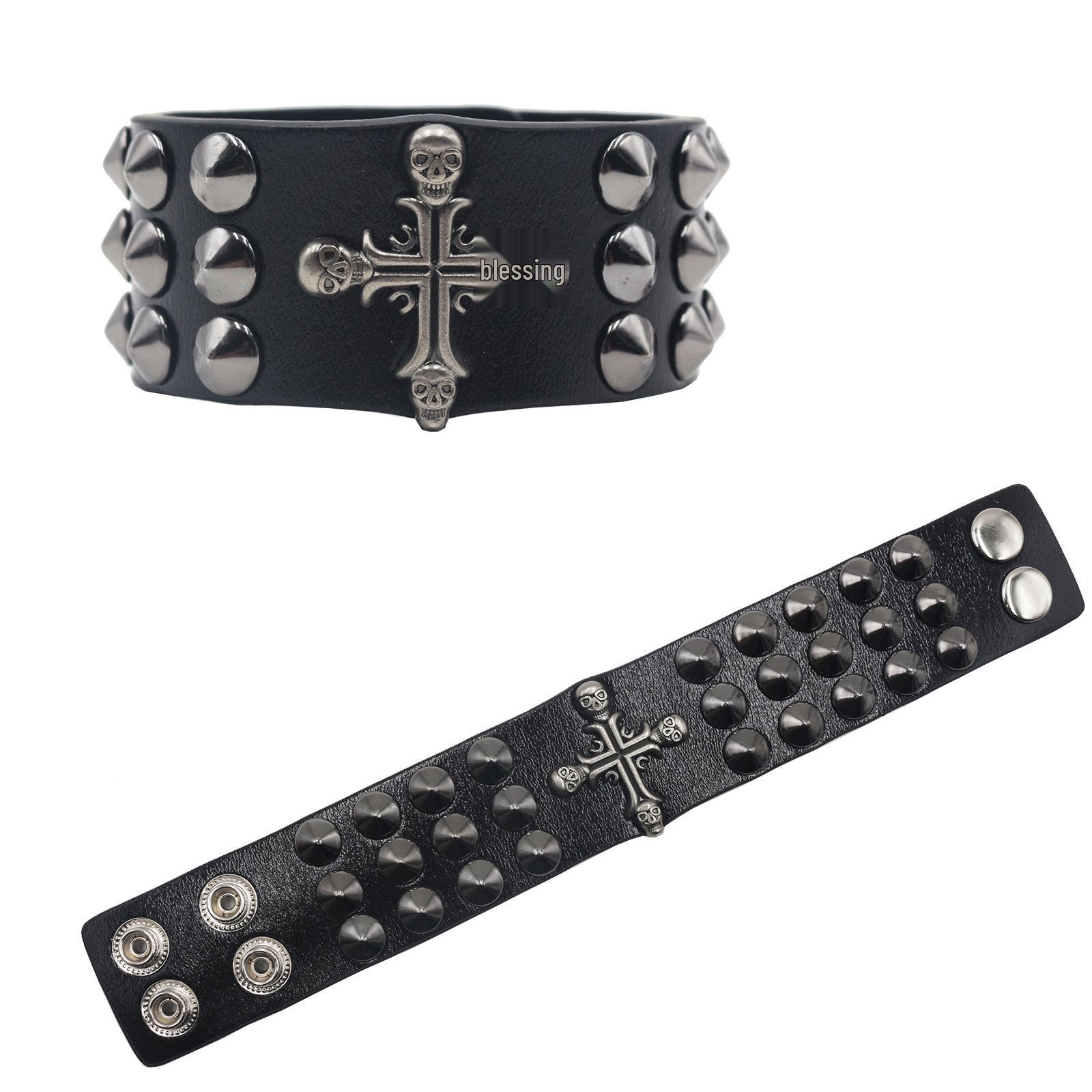 Men s Exaggerated Punk Rivet Leather Bracelet with Unique Style чёрный