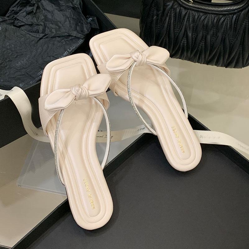 Fashion Fashion Butterfly-Knot Ladies Flats Slippers Shoes Summer Footwear Square Toe Women Flat Slippers Sandals Shoes Female Slides