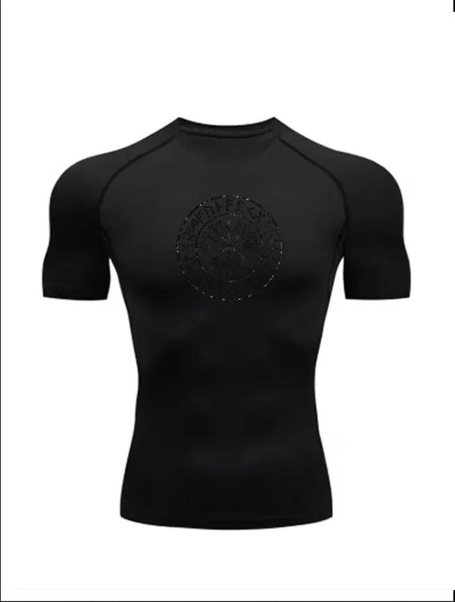 Men's White Compression Short Sleeve T-Shirt, Viking Yggdrasil Tree of Life Rune Circle Graphic Quick Dry Athletic Top for Gym Fitness & Training