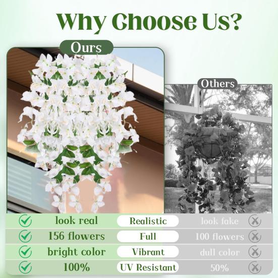2Pcs Hanging Artificial Bougainvillea Speetabilis UV Resistant Realistic Fake Flower Wedding Party Indoor Outdoor Garden Yard Wall Hanging Faux Bloom
