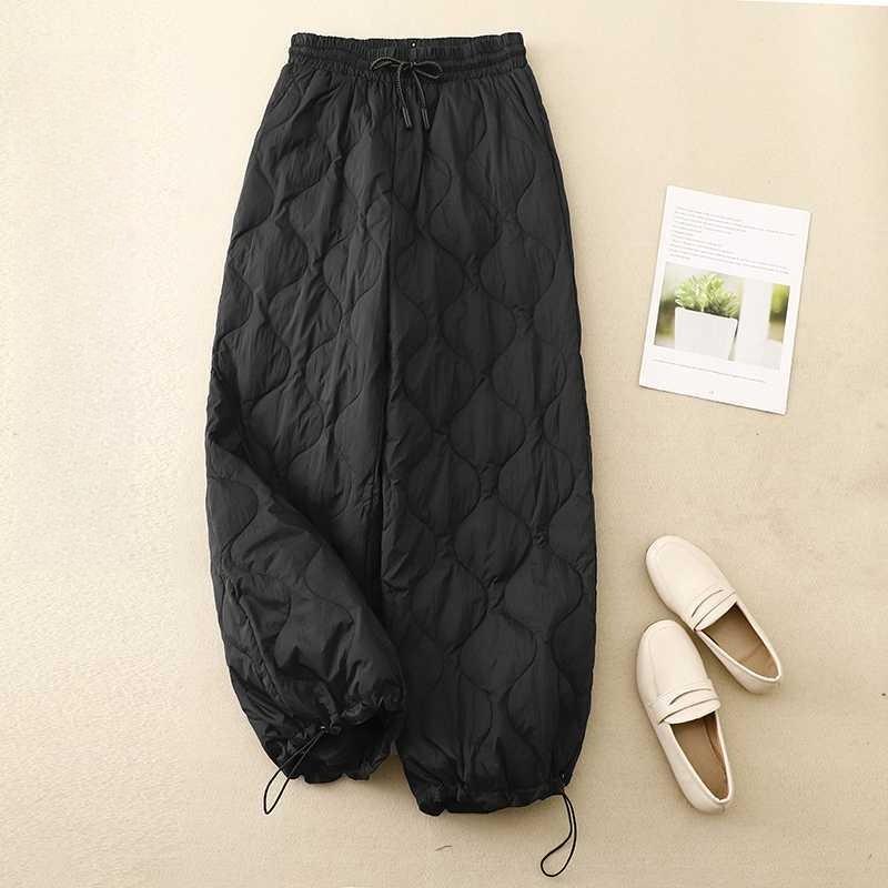 Winter New Literary Tie Elastic Waist Diamond Lattice Embossed Line Cotton Pants Female Windproof Warm Long Cotton Pants