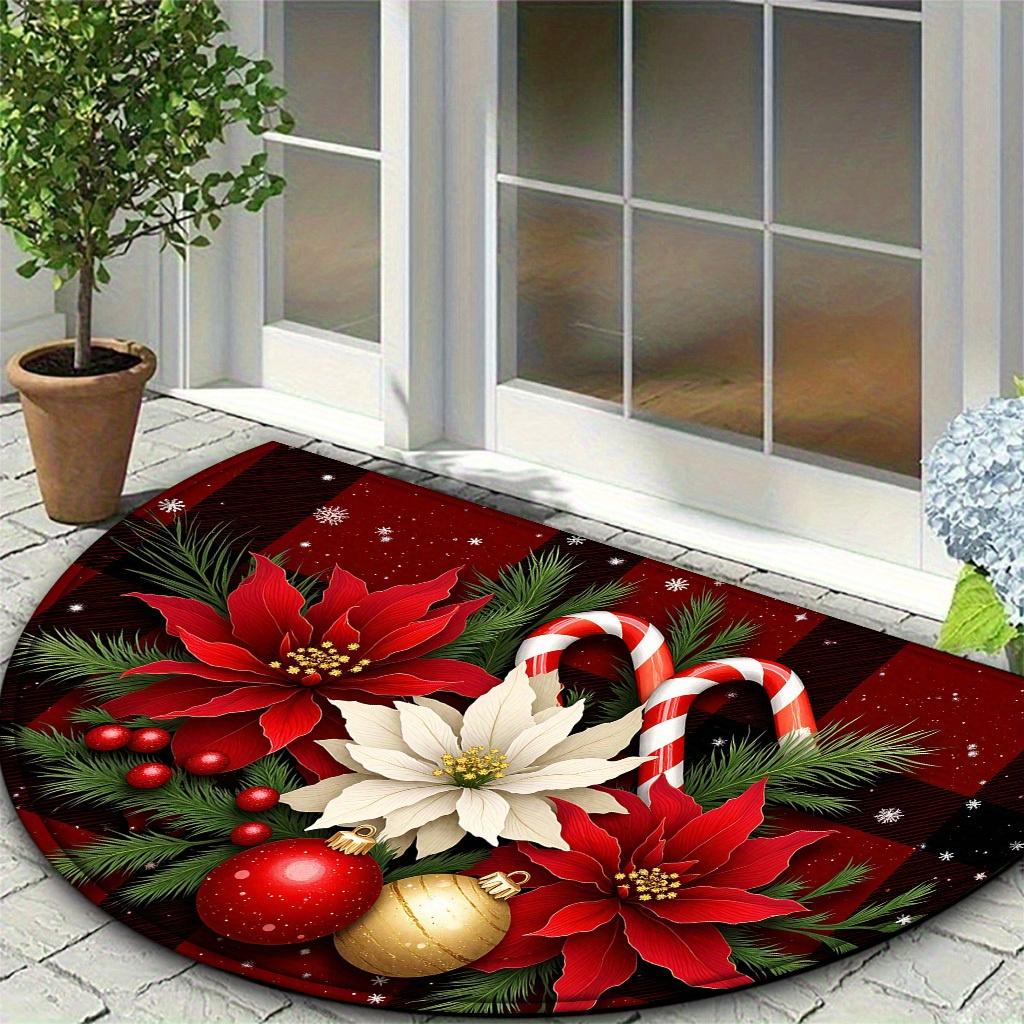 Christmas Themed Semi Circular Entrance Doormat Red And Black Tartan Poinsettia Festive Motif Rug Christmas Decoration