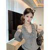Women's Gray V-Neck Lace-Up Slim Fit Long-Sleeve T-Shirt, Winter Waist-Cinching Base Layer with Pure Desire Style.