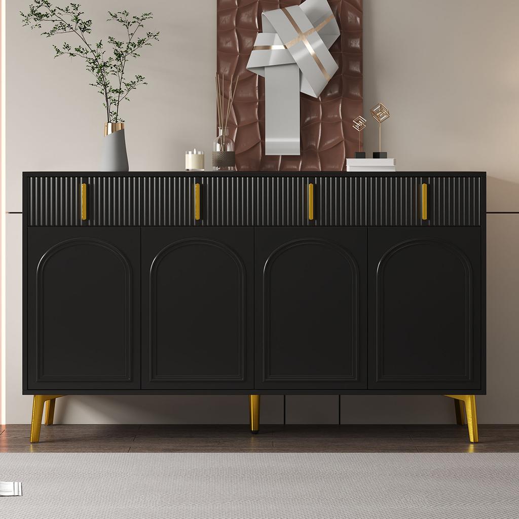 Sideboard mit goldenen Griffen und Beinen, 4 Türen, 4 Schubladen, mit abnehmbarer Laminatplatte, geeignet für Wohn- und Esszimmer, 140*38*82 cm.
