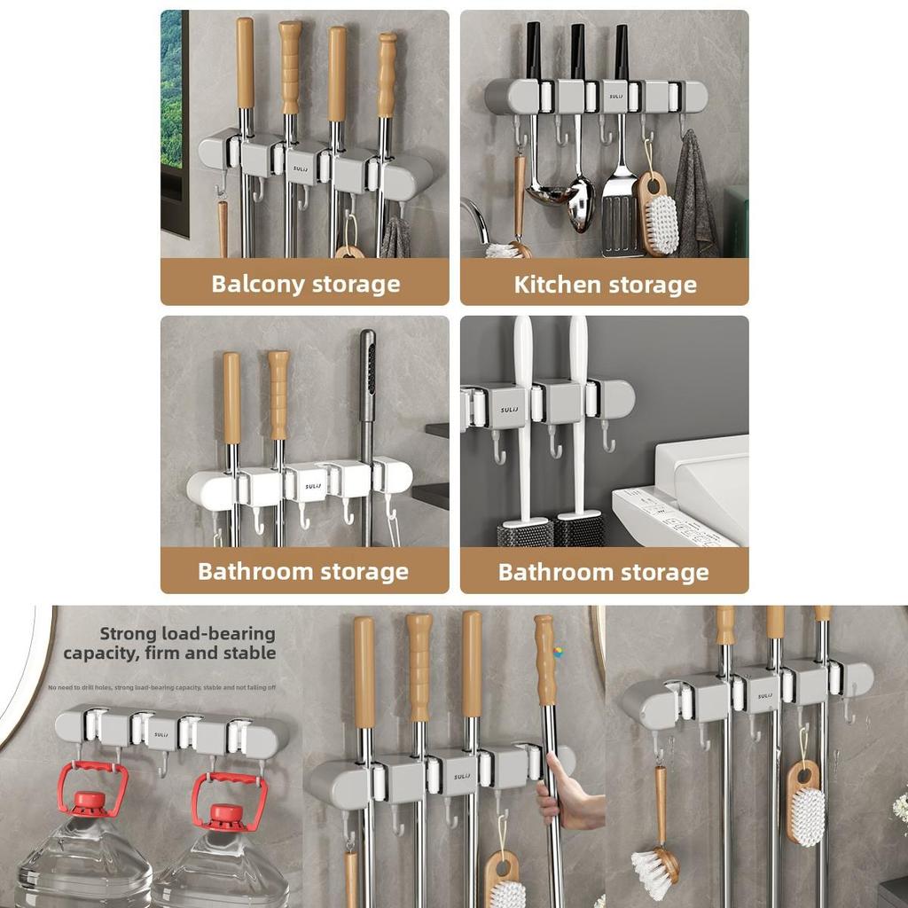 Modern Minimalist Abs Bathroom Wall Mount Mop Holder With Strong Clips And Hooks For Home Organization