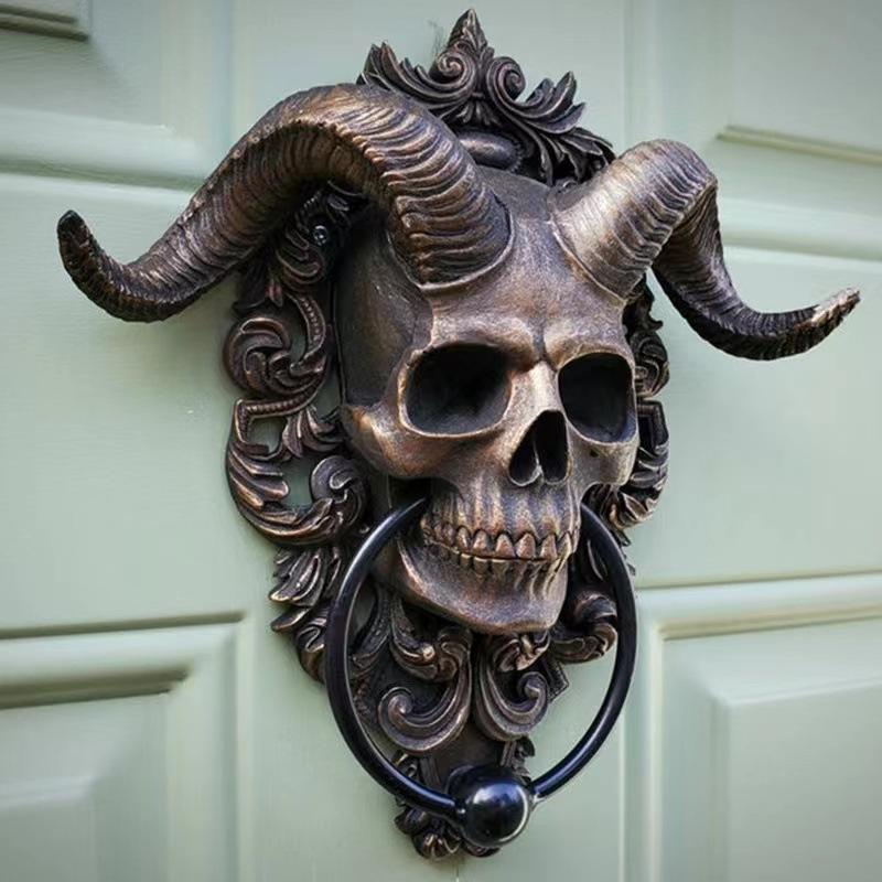 Battente per Porta Teschio di Testa di Pecora Vintage Dio Cornuto Bafometto Statua in Resina Maniglia per Porta d'Ingresso Gotica Pomelli Tiranti Decorazione per la Casa