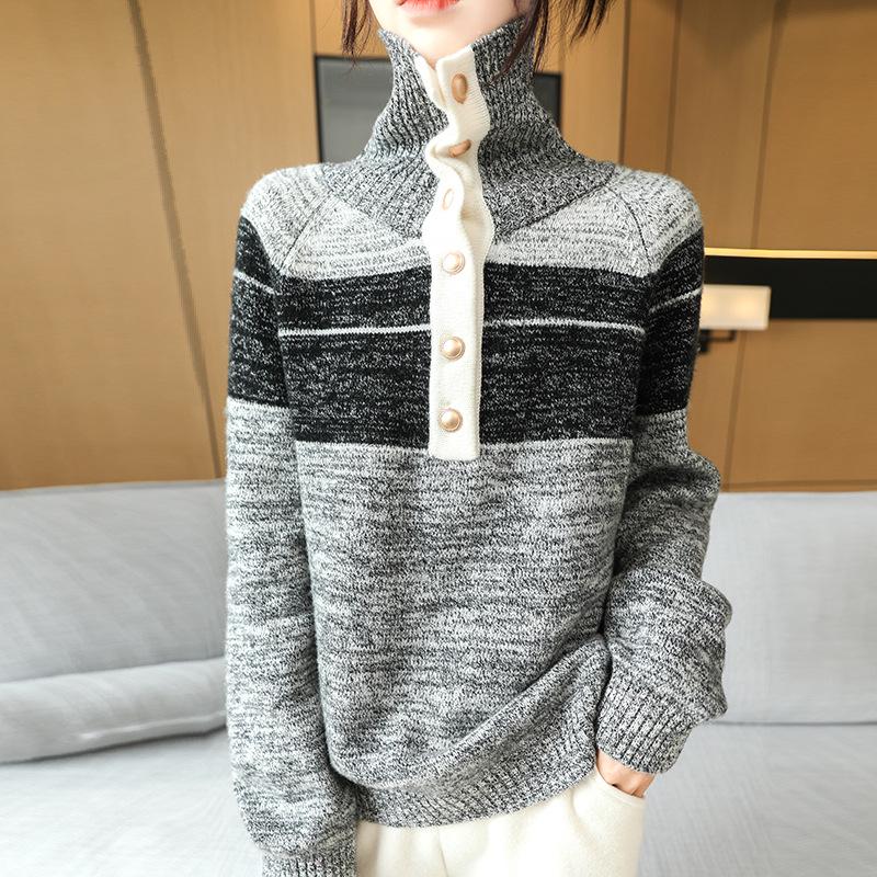 2025 Autumn/Winter Women's Elegant Soft Wool Lapel Sweater - 3-Ply Thick, Loose Fit, Slimming Design