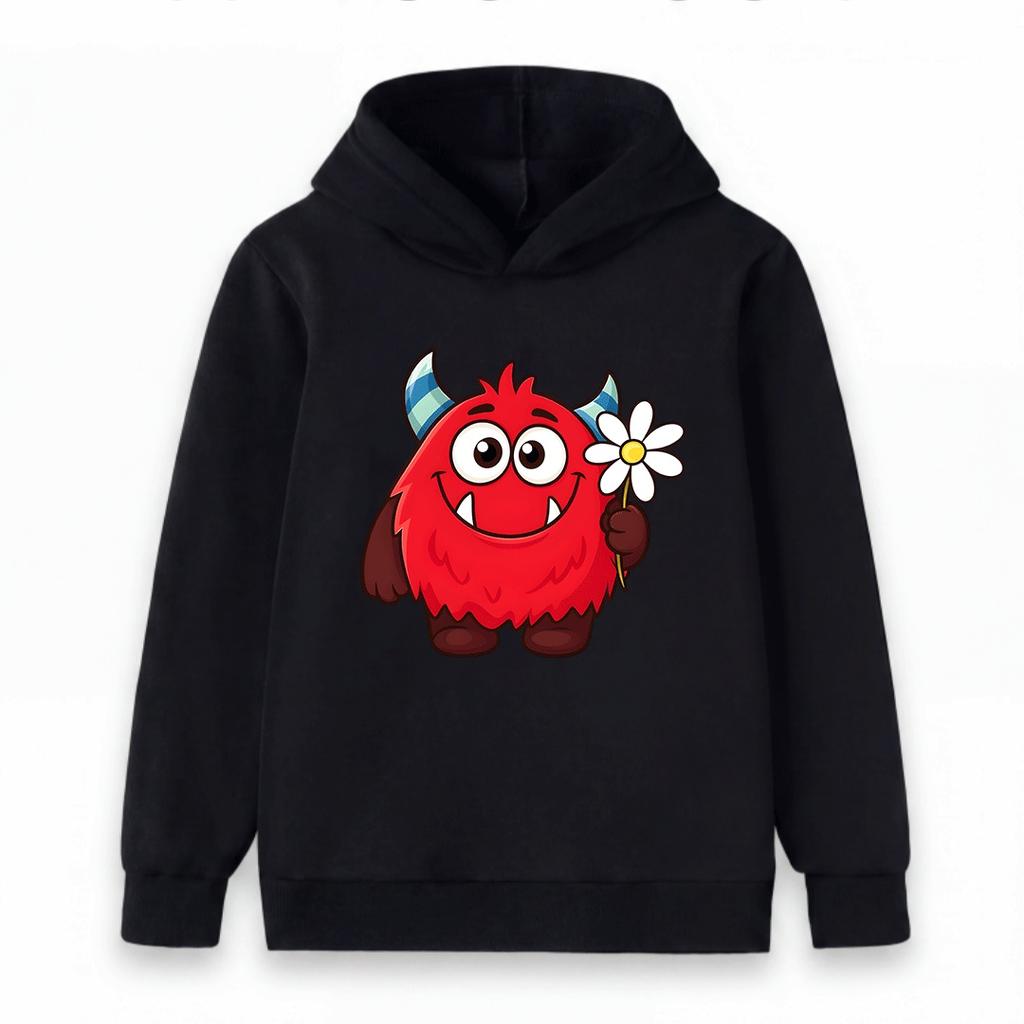 Kids Unisex Cute Red Furry Monster Print Hoodie, Casual Long Sleeve Pullover Sweatshirt Adorable Chamomile Flower Pattern for Boys Girls Daily Wear
