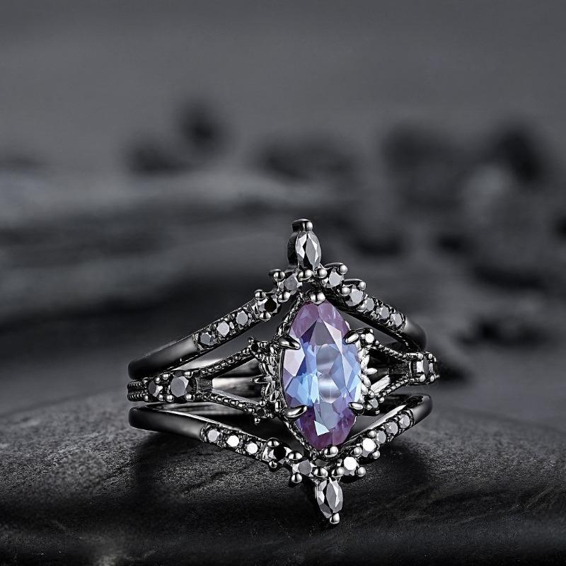 Vintage Black Color Geometry Inlaid with Colored Zircon Women's Ring Fashion Party Engagement Set of Rings Jewelry