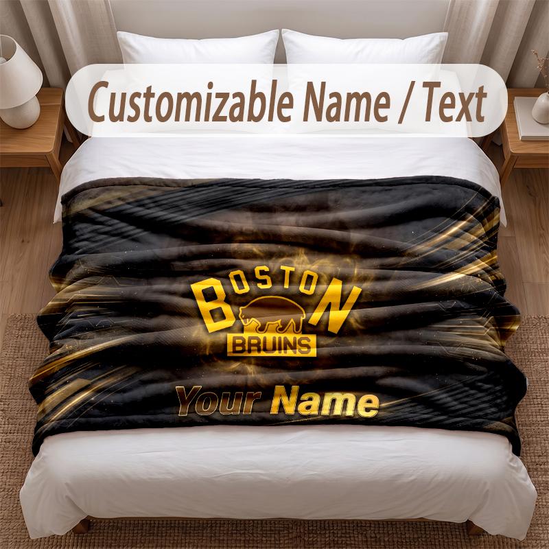 Boston Bruins Printed Flannel Blanket Custom Name Text Soft Warm Throw For Bedroom Holiday Gift