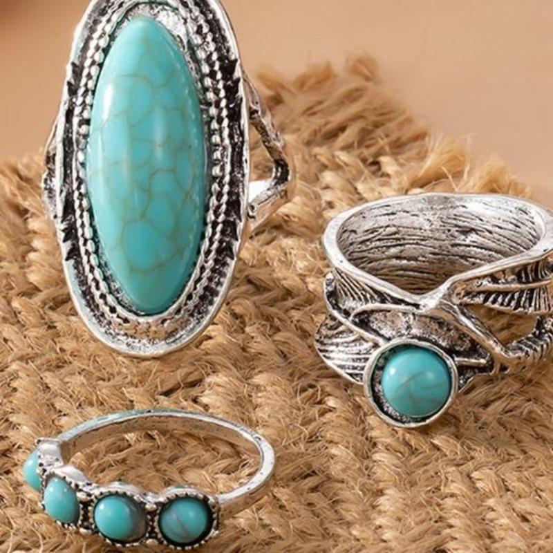 3 Teile/satz Frauen Finger Ring Set Böhmen Stil Unregelmäßigen Faux Türkis Dekor Breite Finger Band Schmuck Geschenk