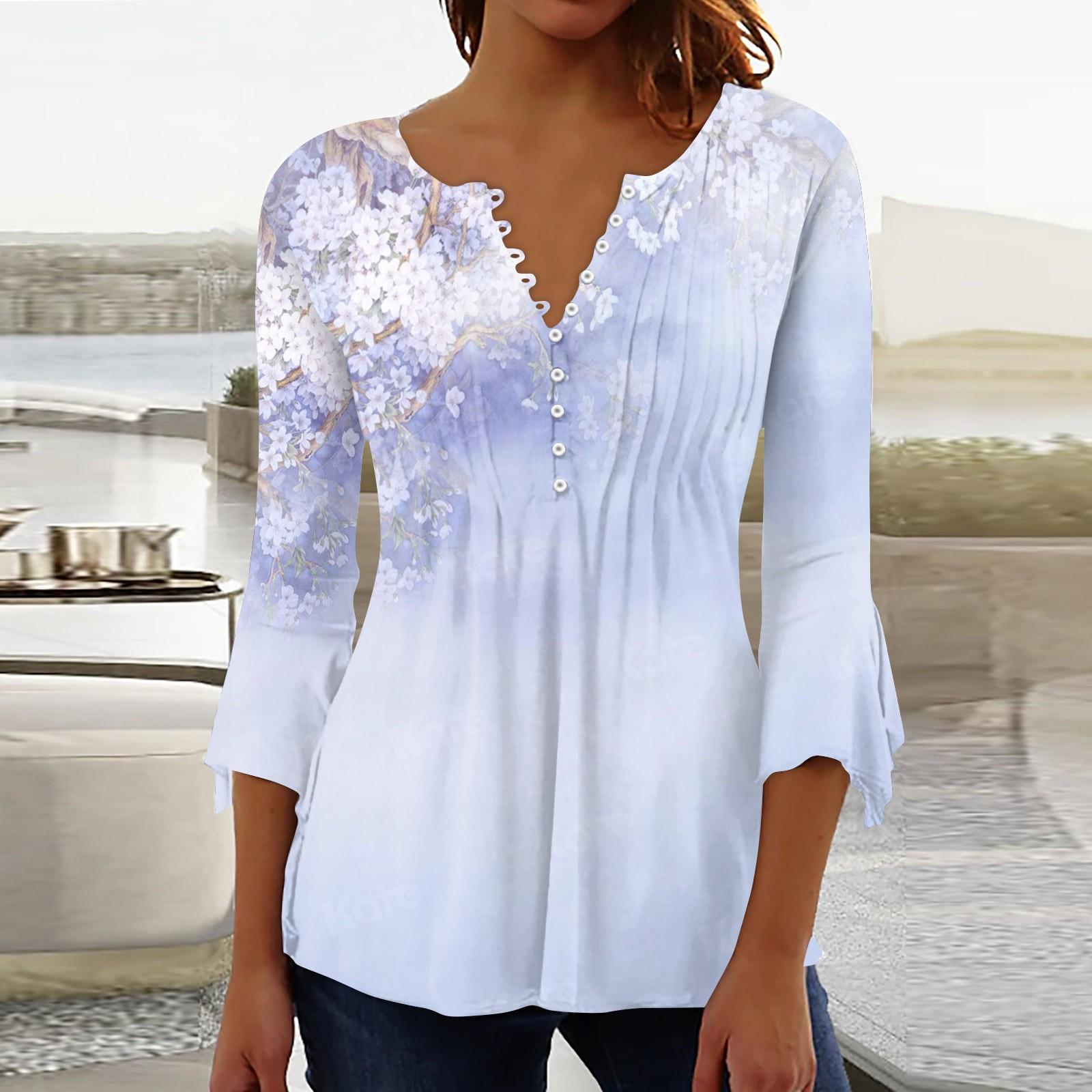 

Рубашки на пуговицах для женщин, туника с цветочным принтом, летние топы, нарядные повседневные весенние блузки с рукавом 3/4 и v-образным вырезом L
