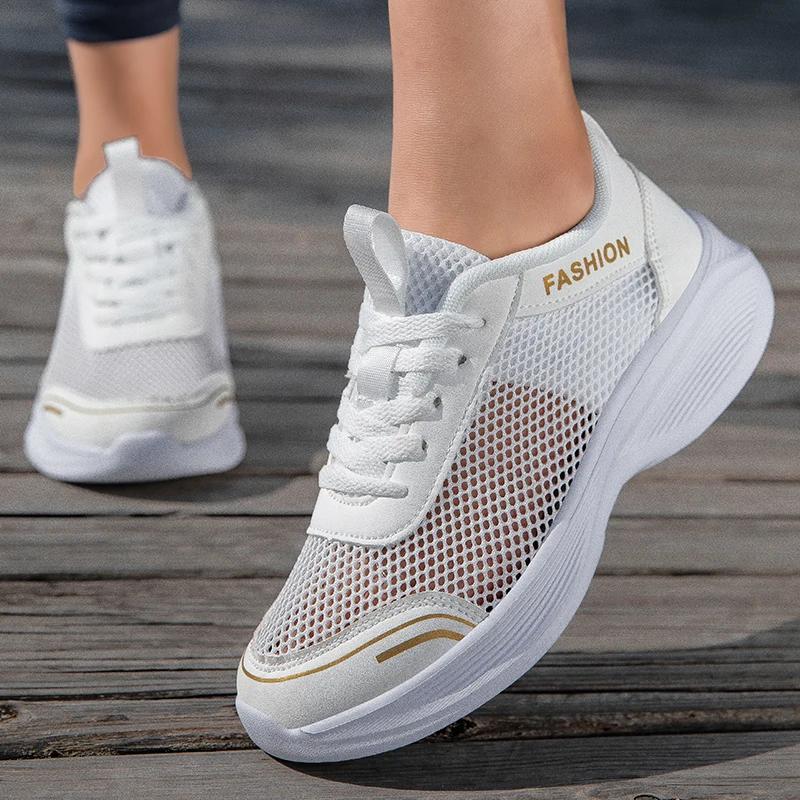 Women Mesh Flat Shoes Autumn New Fashion Tennis Women Thick Soled Lace Up Casual Breathable White Black Sneakers