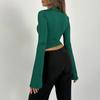 Women's Fall Tops Slim Lace Trim Deep V Neck Bell Sleeve Crop Shirt Casual Streetwear