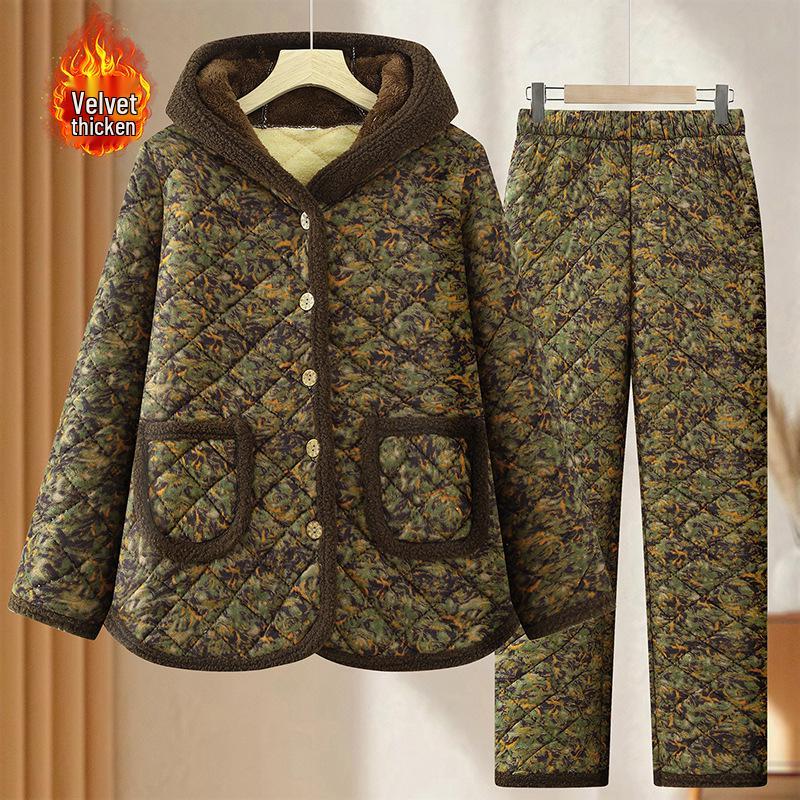 Mom's Winter Home Wear: Velvet & Thick Cotton Two-Piece Set for Middle-Aged & Elderly Women - Warm Jacket & Pants