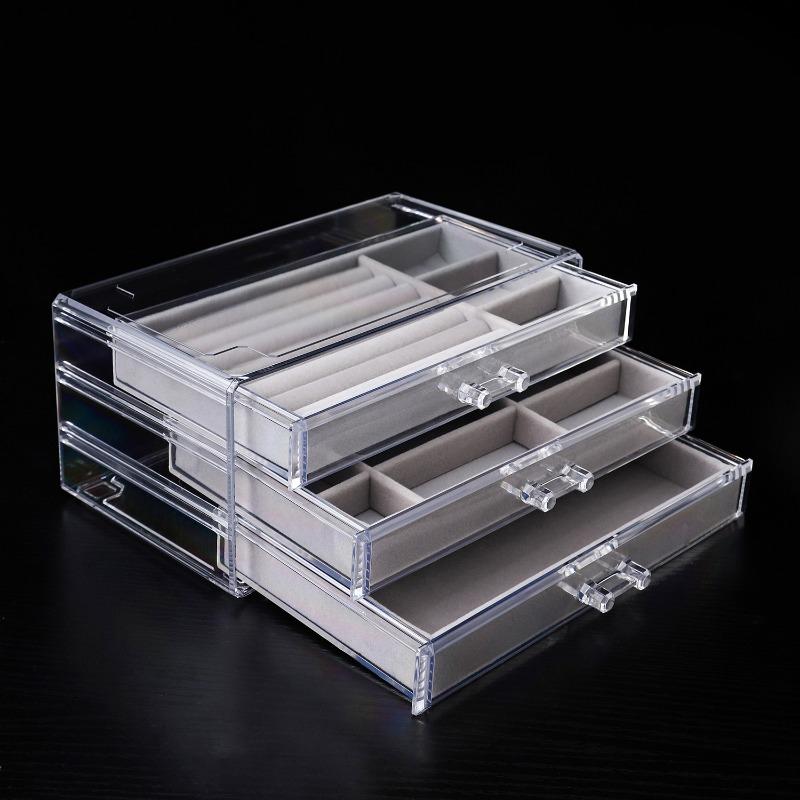 Luxury Clear Jewelry Display Case 3-Layer Flocked Acrylic Box with Drawers Dust-Proof Organizer Tray for Bracelets, Watches, and Accessories