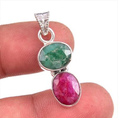 Emerald,Ruby(Simulated) Gemstone Handmade 925 Sterling Silver Pendant 1.5" B2y46