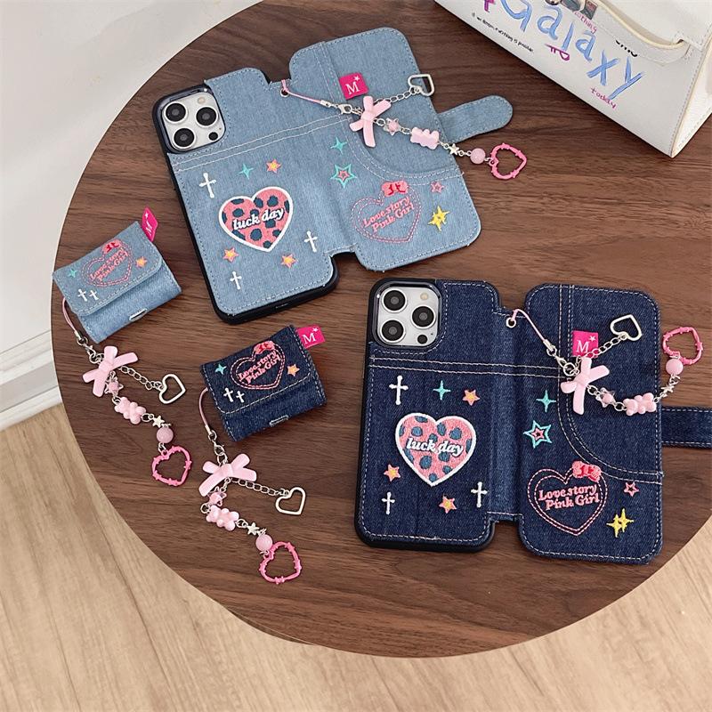 Apple 17promax denim flip phone case iphone16 lanyard love 15 for 14 embroidered protective case