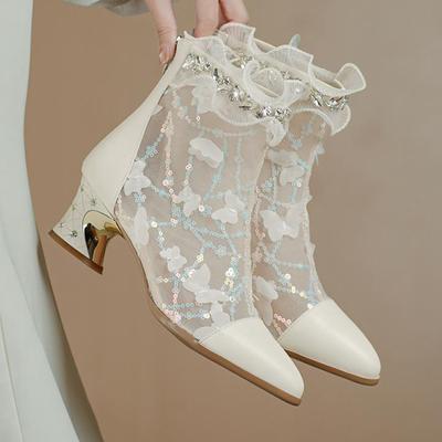 Krazing Pot Piel de Vaca Puntera Redonda Cordones Botas de Verano Moda Aplicaciones Malla Aire Tacones de Cristal Botines Bordados al Tobillo