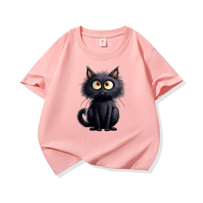 Cute Black Cat Graphic Tee Kids 100 Cotton Crew Neck Casual Breathable T Shirt Short Sleeve Muticolor Tops For Sweet Girls Boys