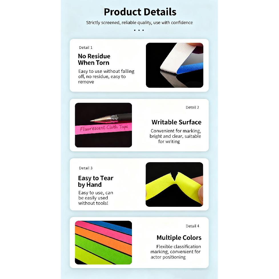 6 Colors Neon Gaffer Cloth Tape Set Fluorescent Rainbow UV Blacklight Tape for UV Parties And EventsPinstriping Tape 3