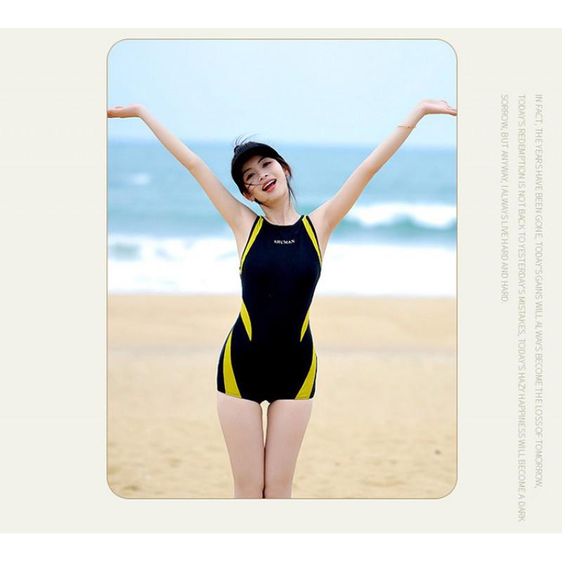 Swimsuit Women's Fashionable Conservative Belly-covering Slimming Large Size Sports Training One-piece Straight Angle Hot Swimming Suit
