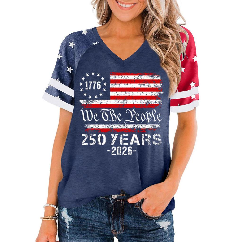 Women's Casual V Neck Short Sleeve Pullover T Shirt Independence Day Graphic Top 250 Years Commemorative Design Lightweight Comfortable Fit