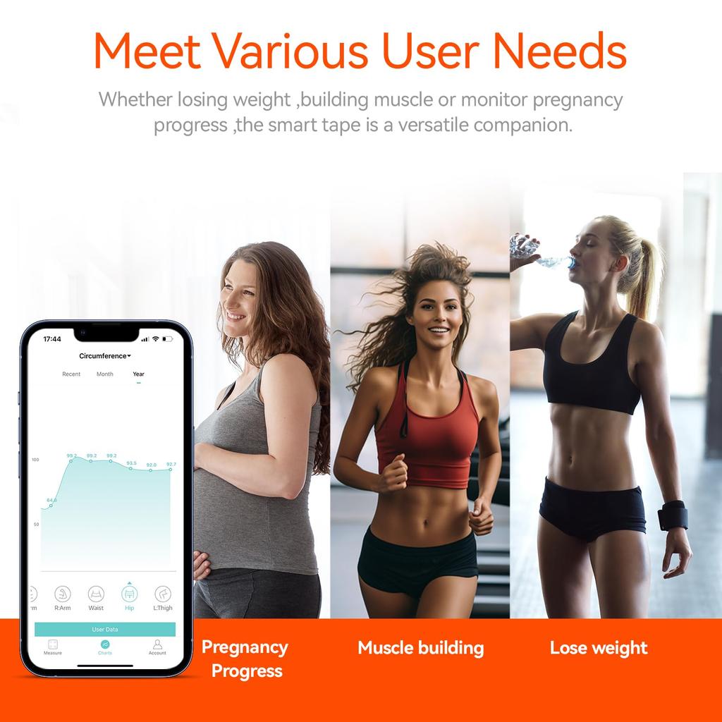 Fitdays Smart Body Tape Measure Body Fat BMI Tool with LED and Tracking and Diet Tracker Fitdays App Sync Bluetooth Connectivity Auto-Recovery