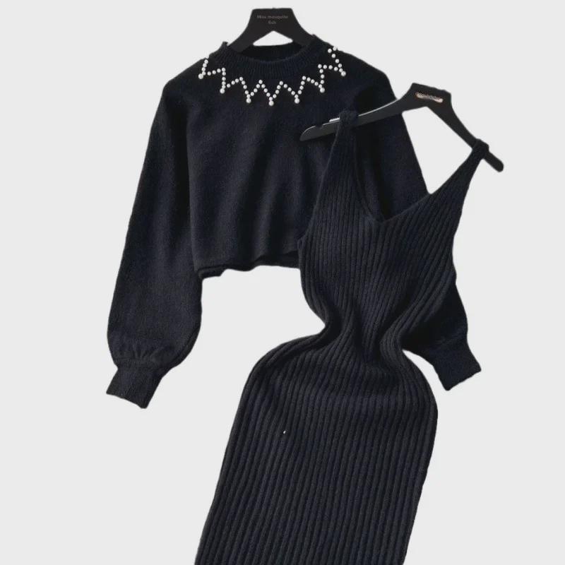 Xiaoxiang Style Beaded High-Waist Two-Piece Sweater and Suspender Dress Set for Autumn/Winter 2024