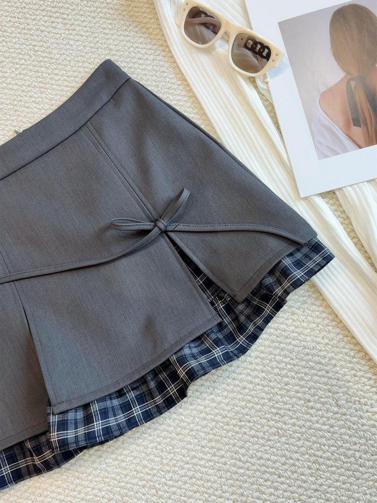 Elegant Grey Plaid Patchwork A-Line Mini Skirt for Women - High-Waisted Spring 2026 Fashion