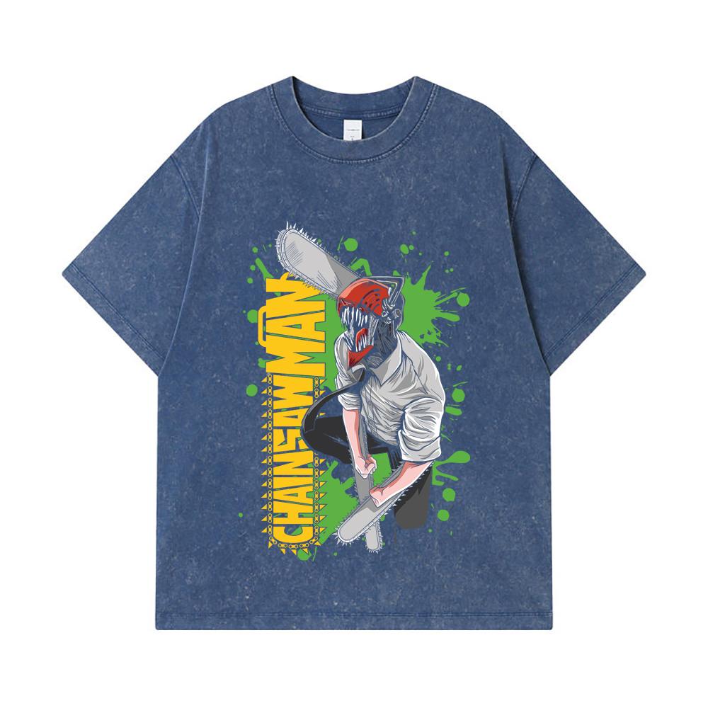 

275 GSM Washed T-shirts 100% Cotton Chainsaw Man V22 Denji Print Unisex Heavy Cotton T Shirt 2XL королівський синій колір