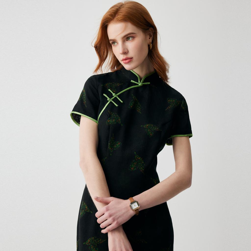 [New Chinese Qipao] 100% Mulberry Silk Summer Small Stand Collar Reduced Age Printed Fragrant Cloud Yarn Dress