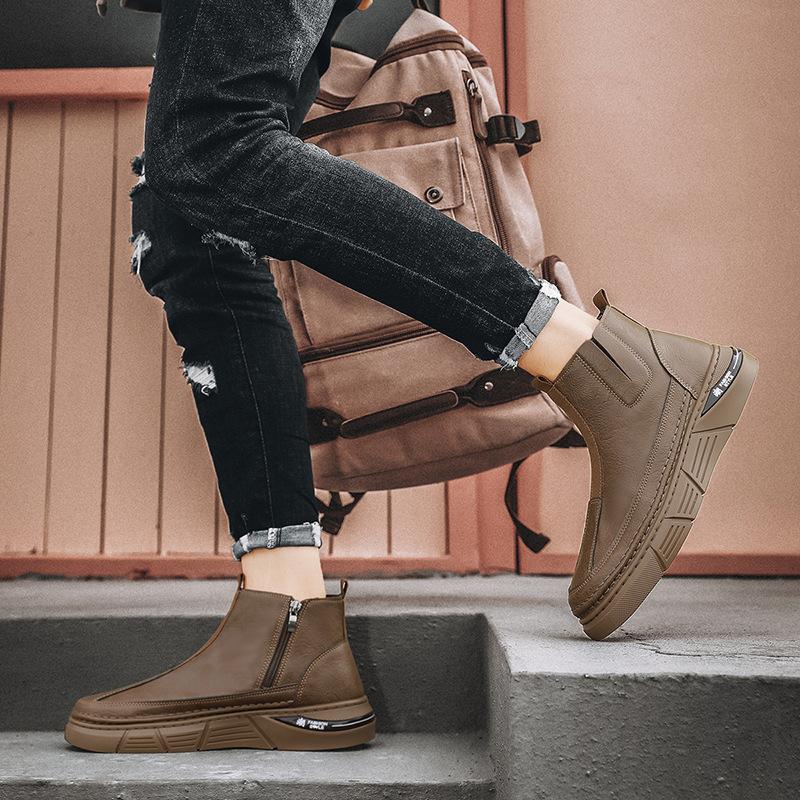 Autumn and winter casual leather boots men's fashion one-pedal Martin boots young and young retro style high-top outdoor platform shoes