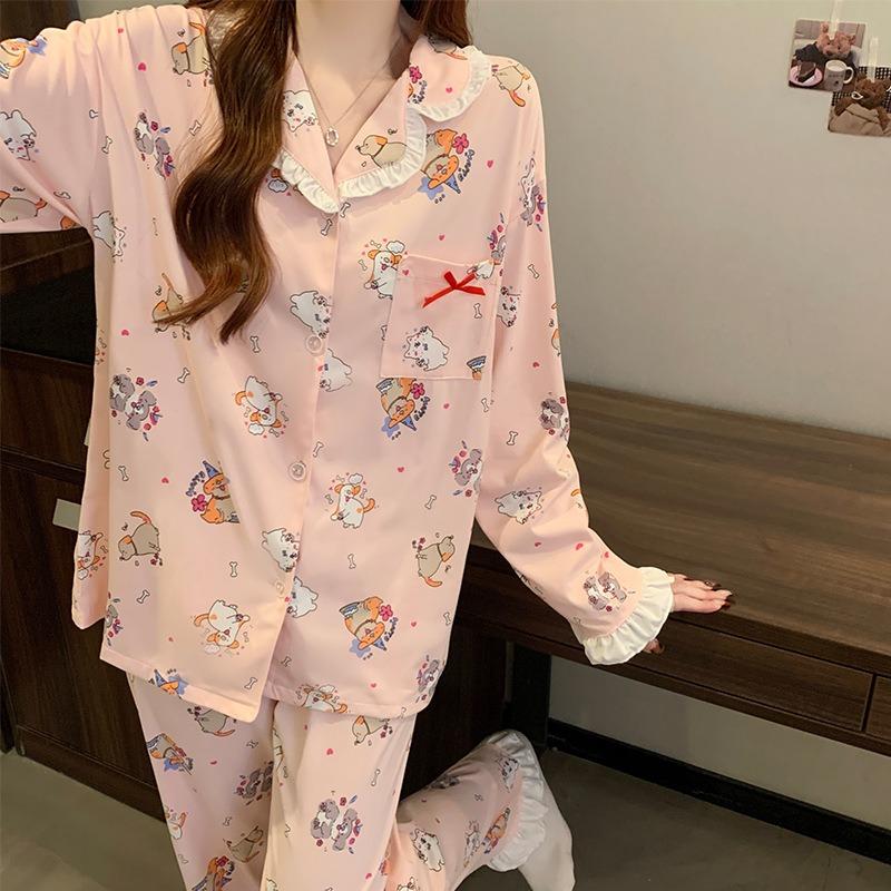 Birthday Arty Soft Cute Dog Cartoon Imitation Cotton Suit Pink Pajamas Women's Spring Loungewear Long Sleeves Trousers