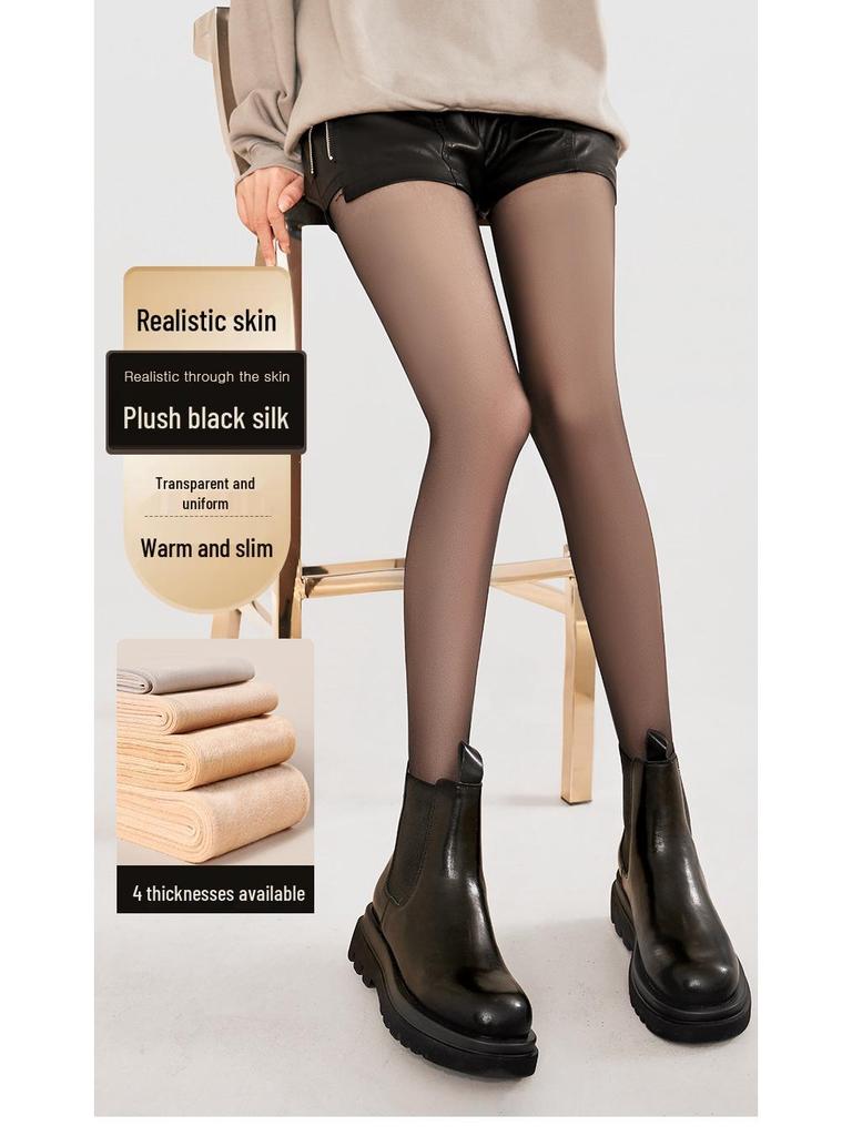 Bonas Black Sheer Fleece-Lined Nude-Feel Pantyhose - Thickened Winter Stockings