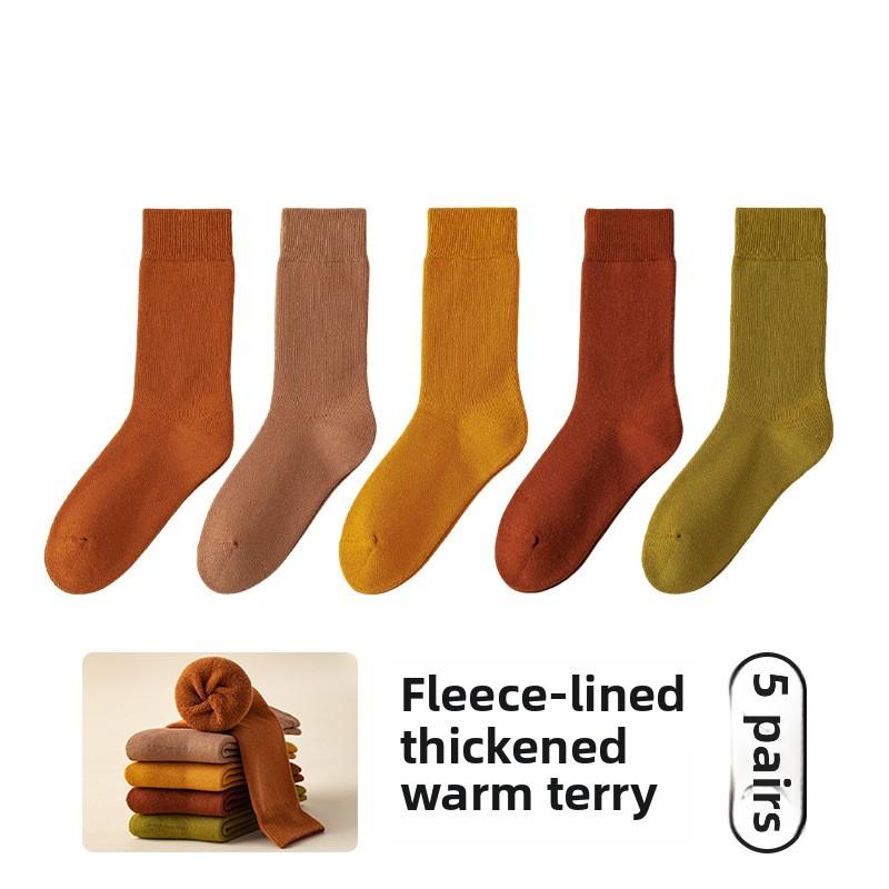5 Pairs of Girls Autumn and Winter Warm Anti Pilling Boneless Pure Cotton Simple Thick Wool Ring Tube Socks