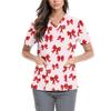 Women's Cute Bow Printed Work Clothes V-neck Double Layer Pockets Basic Short Sleeve Top Pullover