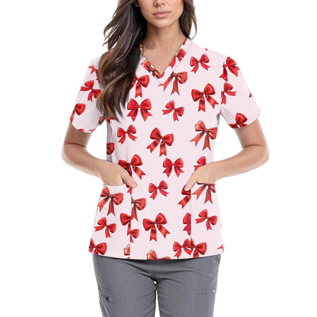Women's Cute Bow Printed Work Clothes V-neck Double Layer Pockets Basic Short Sleeve Top Pullover